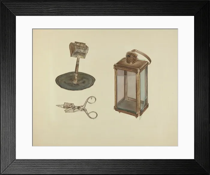 Framed Print : Zoar Candlestick, Snuffer and Lantern, c. 1938. Creator: Orville Cline Framed Print : Zoar Candlestick, Snuffer and Lantern, c. 1938. Creator: Orville Cline