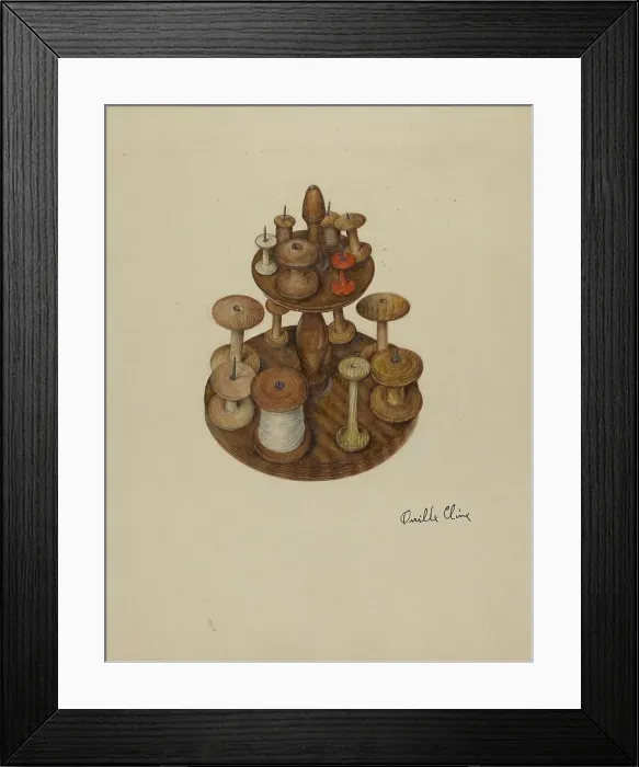 Framed Print : Shaker Spool Rack and Spools, c. 1939. Creator: Orville Cline Framed Print : Shaker Spool Rack and Spools, c. 1939. Creator: Orville Cline