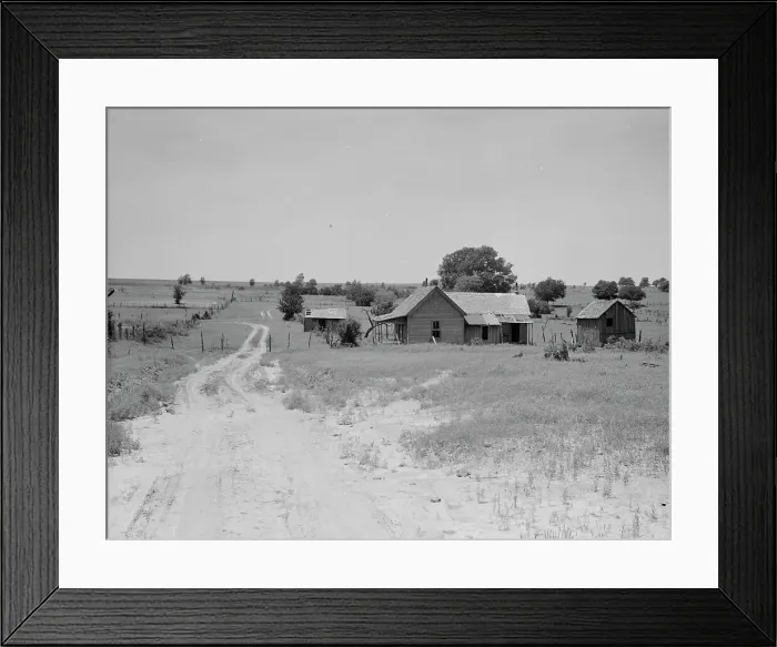 Framed Print : Worn-out land and abandoned cabins near Newport, Oklahoma, 1937. Creator: Dorothea Lange Framed Print : Worn-out land and abandoned cabins near Newport, Oklahoma, 1937. Creator: Dorothea Lange