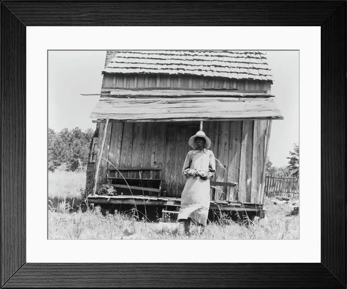 Framed Print : Sharecropper's cabin and sharecropper's wife, Ten miles south of Jackson, Mississippi, 1937. Creator: Dorothea Lange Framed Print : Sharecropper's cabin and sharecropper's wife, Ten miles south of Jackson, Mississippi, 1937. Creator: Dorothea Lange