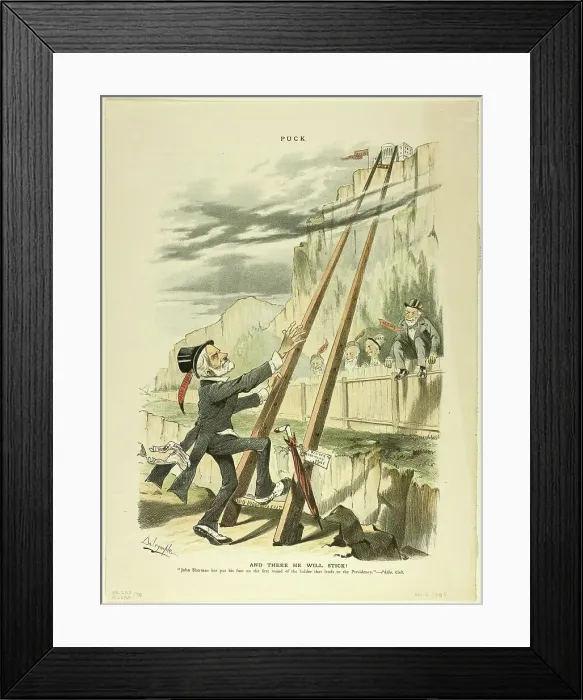 Framed Print : And There He Will Stick!, from Puck, published April 6, 1887. Creator: Louis Dalrymple Framed Print : And There He Will Stick!, from Puck, published April 6, 1887. Creator: Louis Dalrymple