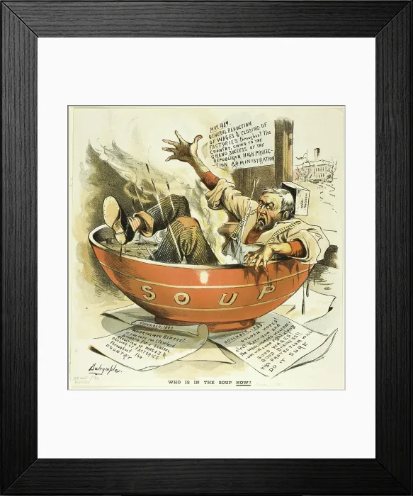 Framed Print : Who Is in the Soup Now, from Puck, published May, 1889. Creator: Louis Dalrymple Framed Print : Who Is in the Soup Now, from Puck, published May, 1889. Creator: Louis Dalrymple