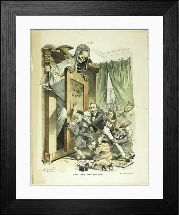 Framed Print : They Can't Keep Him Hid, from Puck, n.d. Creator: Louis Dalrymple Framed Print : They Can't Keep Him Hid, from Puck, n.d. Creator: Louis Dalrymple