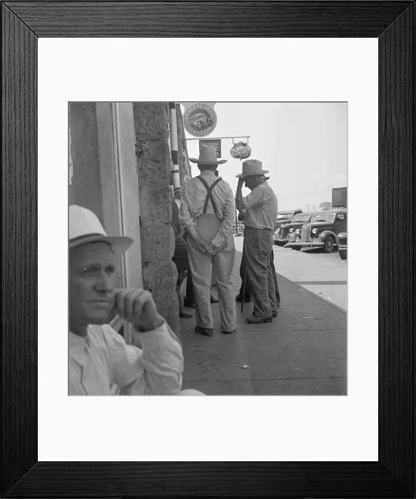 Framed Print : Farmers on main street discussing drought, Sallisaw, Sequoyah County, Oklahoma, 1936. Creator: Dorothea Lange Framed Print : Farmers on main street discussing drought, Sallisaw, Sequoyah County, Oklahoma, 1936. Creator: Dorothea Lange