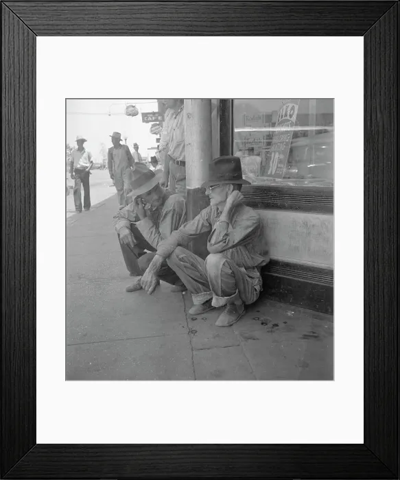 Framed Print : Drought farmers line the shady side of the main street of the town, Sallisaw, Oklahoma, 1936. Creator: Dorothea Lange Framed Print : Drought farmers line the shady side of the main street of the town, Sallisaw, Oklahoma, 1936. Creator: Dorothea Lange
