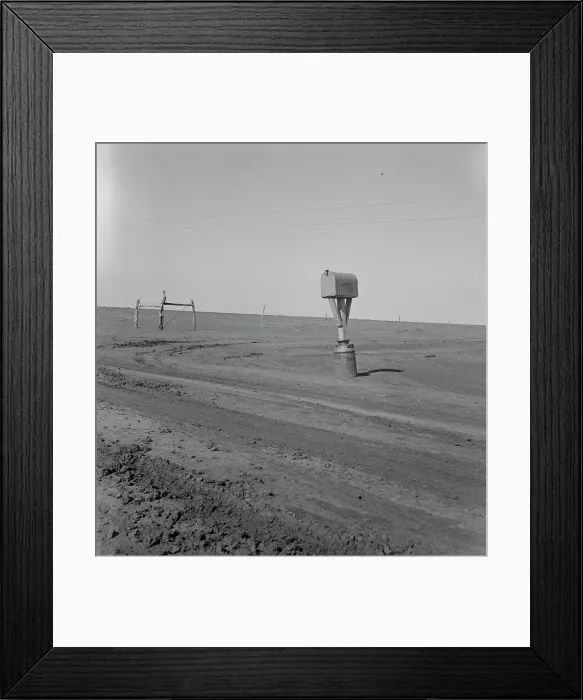 Framed Print : Mailbox in Dust Bowl, Coldwater District, north of Dalhart, Texas, 1938. Creator: Dorothea Lange Framed Print : Mailbox in Dust Bowl, Coldwater District, north of Dalhart, Texas, 1938. Creator: Dorothea Lange