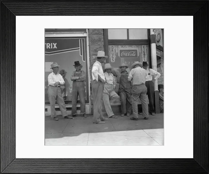 Framed Print : Drought farmers line the shady side of the main street of the town, Sallisaw, Oklahoma, 1936. Creator: Dorothea Lange Framed Print : Drought farmers line the shady side of the main street of the town, Sallisaw, Oklahoma, 1936. Creator: Dorothea Lange