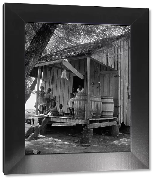Water barrels on plantation cabin in Brazos riverbottoms, near Bryan, Texas, 1938. Creator: Dorothea Lange