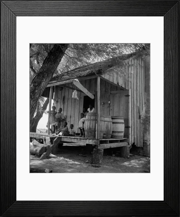 Framed Print : Water barrels on plantation cabin in Brazos riverbottoms, near Bryan, Texas, 1938. Creator: Dorothea Lange Framed Print : Water barrels on plantation cabin in Brazos riverbottoms, near Bryan, Texas, 1938. Creator: Dorothea Lange