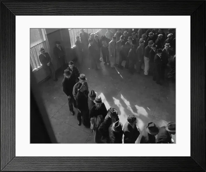 Framed Print : Unemployment benefits aid begins, State Employment Service office, San Francisco, California, 1938. Creator: Dorothea Lange Framed Print : Unemployment benefits aid begins, State Employment Service office, San Francisco, California, 1938. Creator: Dorothea Lange