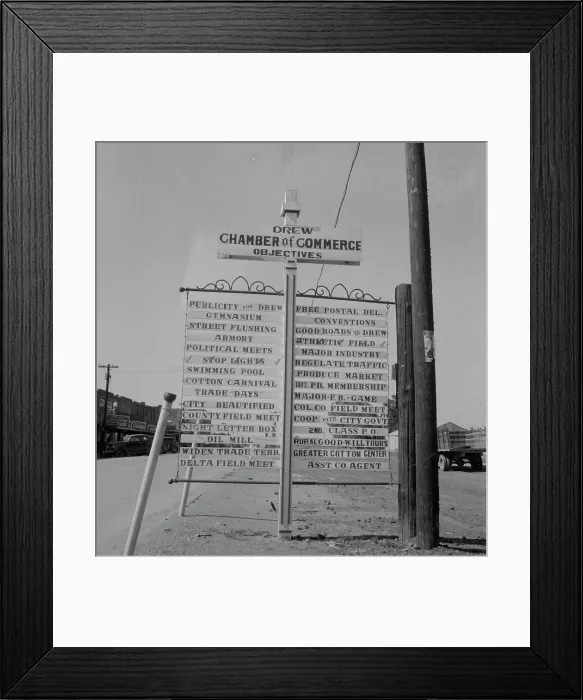 Framed Print : Chamber of Commerce sign, Drew, Mississippi, 1937. Creator: Dorothea Lange Framed Print : Chamber of Commerce sign, Drew, Mississippi, 1937. Creator: Dorothea Lange