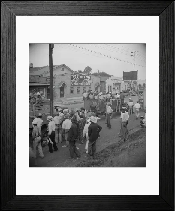 Framed Print : Truck loads of cotton hoers going from Memphis, Tennessee into Arkansas, 1937. Creator: Dorothea Lange Framed Print : Truck loads of cotton hoers going from Memphis, Tennessee into Arkansas, 1937. Creator: Dorothea Lange