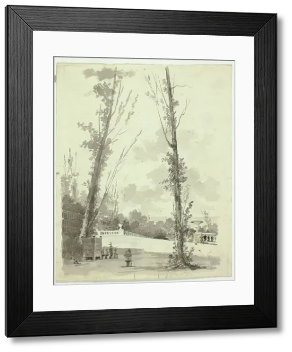 Framed Print : View of the Park at Versailles: Two Poplar Trees with Balustraded Walk in Background, n.d. Creator: Pierre Antoine Mongin