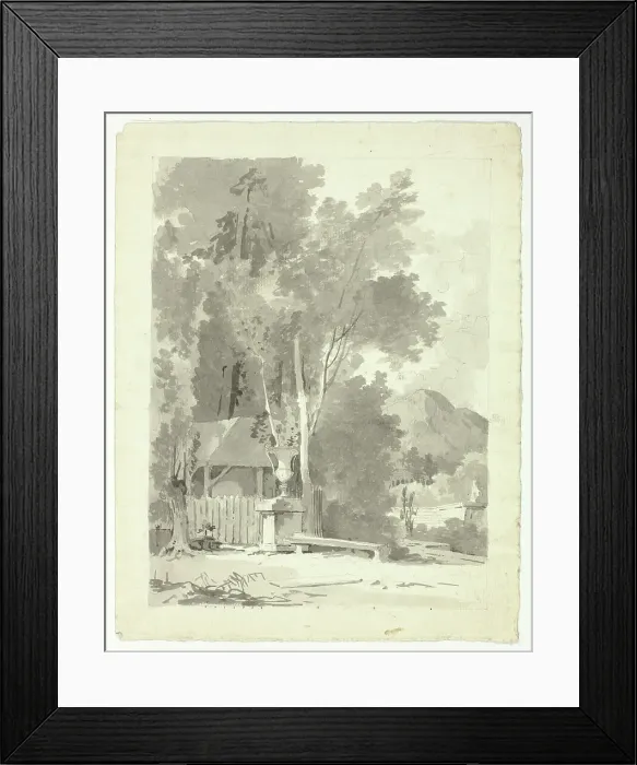 Framed Print : Classical Urn in Front of a Shed, with Temple and Mountain in Background, n.d. Creator: Pierre Antoine Mongin Framed Print : Classical Urn in Front of a Shed, with Temple and Mountain in Background, n.d. Creator: Pierre Antoine Mongin