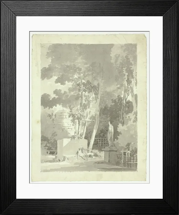 Framed Print : View of the Park at Versailles: Two Figures on a Bench in a Clearing, Female Statue Nearby, n.d. Creator: Pierre Antoine Mongin Framed Print : View of the Park at Versailles: Two Figures on a Bench in a Clearing, Female Statue Nearby, n.d. Creator: Pierre Antoine Mongin
