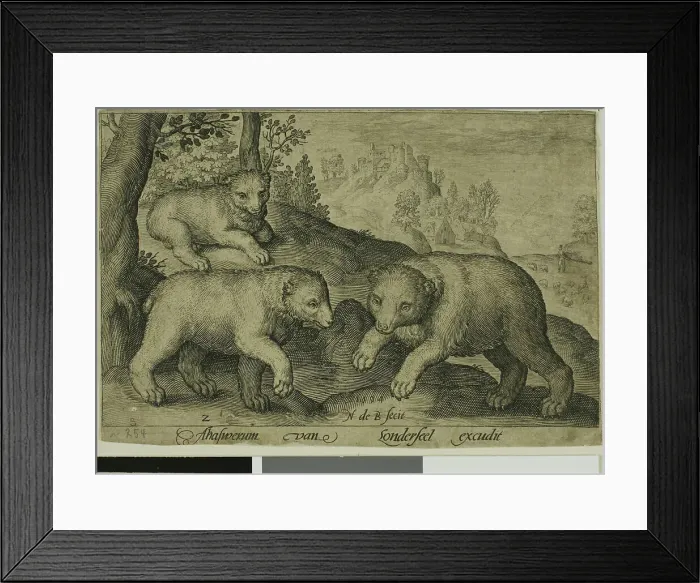 Framed Print : Three Bears, plate ten from Four-Legged Animals, 1594. Creator: Nicolaes de Bruyn Framed Print : Three Bears, plate ten from Four-Legged Animals, 1594. Creator: Nicolaes de Bruyn