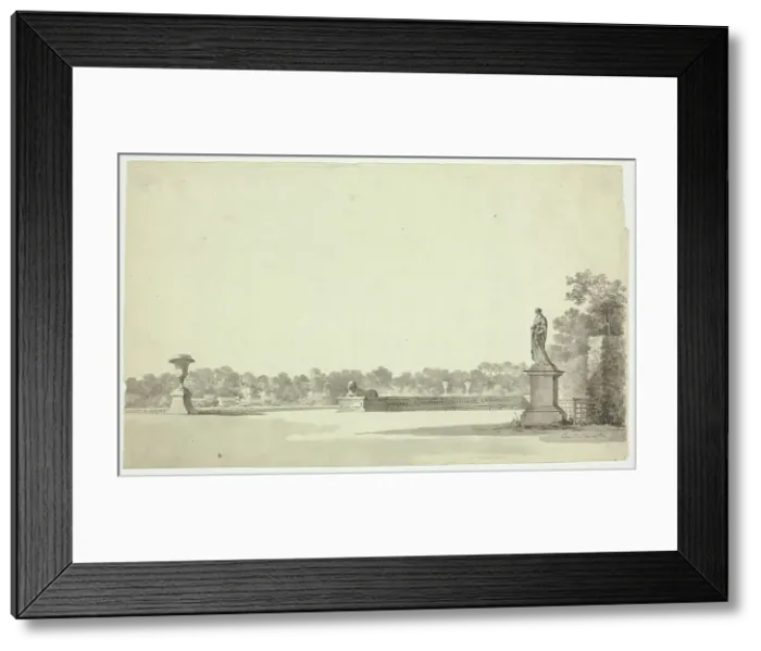 Framed Print : View of the Park at Versailles: Terrace with Urn, Sphinx and Female Statue, n.d. Creator: Pierre Antoine Mongin Framed Print : View of the Park at Versailles: Terrace with Urn, Sphinx and Female Statue, n.d. Creator: Pierre Antoine Mongin