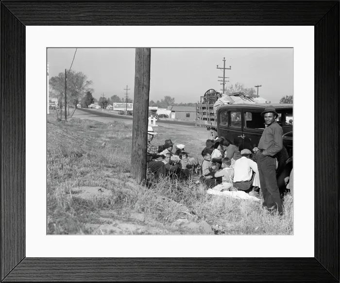 Framed Print : Mexicans bound for the Imperial Valley to harvest peas, near Bakersfield, California, 1936. Creator: Dorothea Lange Framed Print : Mexicans bound for the Imperial Valley to harvest peas, near Bakersfield, California, 1936. Creator: Dorothea Lange