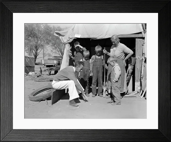 Framed Print : Tom Collins, manager of Kern migrant camp talking with drought refugee and her... CA, 1936. Creator: Dorothea Lange Framed Print : Tom Collins, manager of Kern migrant camp talking with drought refugee and her... CA, 1936. Creator: Dorothea Lange