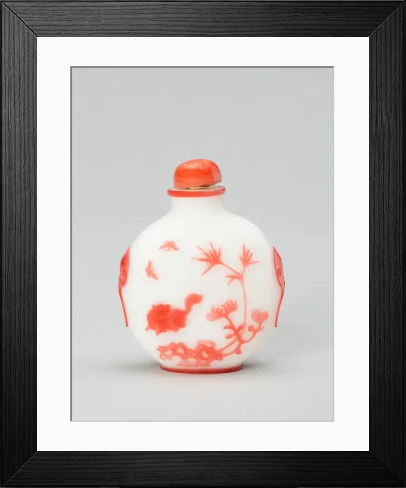 Framed Print : Snuff Bottle with a Cat and Two Butterflies near Bamboo, Rockwork, and Chrysanthemum...1800-1900. Creator: Unknown Framed Print : Snuff Bottle with a Cat and Two Butterflies near Bamboo, Rockwork, and Chrysanthemum...1800-1900. Creator: Unknown