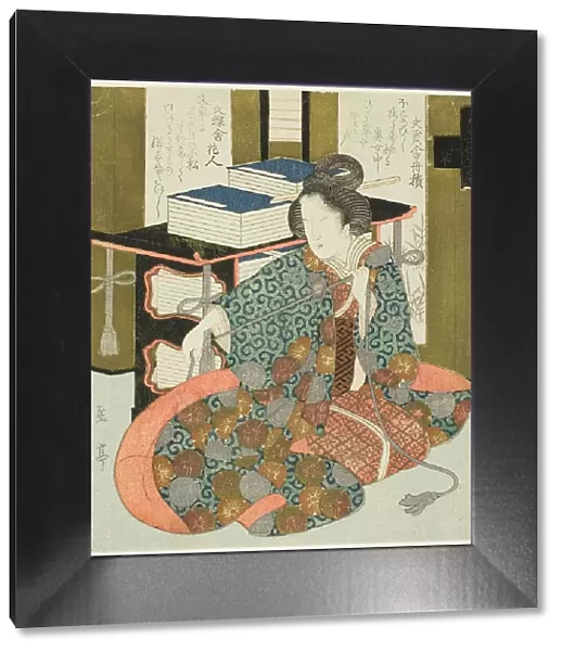 A Woman Pulling the Cord of a Wheeled Book Case, from the series 'A Set of Seven...', c. 1825. Creator: Gakutei. A Woman Pulling the Cord of a Wheeled Book Case, from the series 'A Set of Seven...', c. 1825. Creator: Gakutei