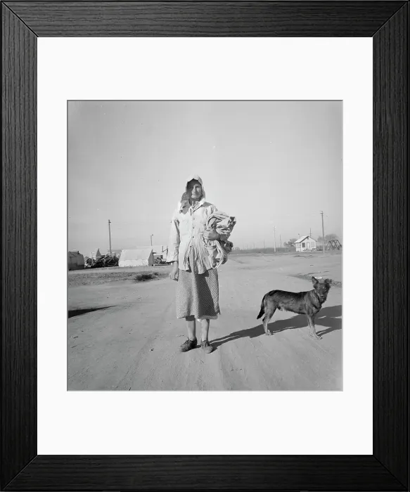 Framed Print : Cotton picker on her way to the cotton field, Kern migrant camp, California, 1936. Creator: Dorothea Lange Framed Print : Cotton picker on her way to the cotton field, Kern migrant camp, California, 1936. Creator: Dorothea Lange
