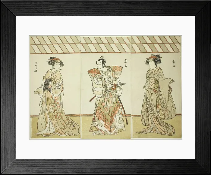 Framed Print : The Actors Onoe Tamizo I as Nishikigi (?) or Otae (?) (right), Ichikawa Danjuro V as... c. 1778. Creator: Shunsho Framed Print : The Actors Onoe Tamizo I as Nishikigi (?) or Otae (?) (right), Ichikawa Danjuro V as... c. 1778. Creator: Shunsho