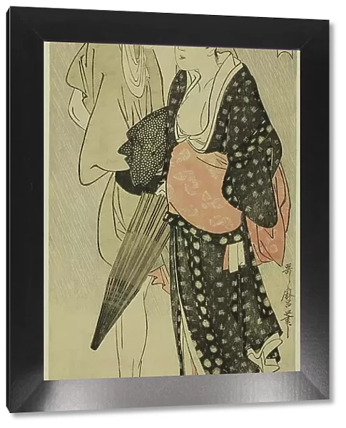 Husband and Wife Caught in an Evening Shower (Fufu no Yudachi), from the series 'Three... c. 1800. Creator: Kitagawa Utamaro. Husband and Wife Caught in an Evening Shower (Fufu no Yudachi), from the series 'Three... c. 1800
