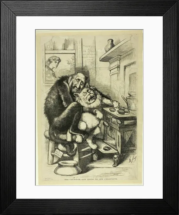 Framed Print : The Cat's-Paw, Any Thing to Get Chestnuts, published July 18, 1892. Creator: James Albert Wales Framed Print : The Cat's-Paw, Any Thing to Get Chestnuts, published July 18, 1892. Creator: James Albert Wales