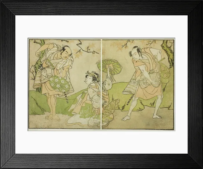 Framed Print : The Actors Ichikawa Somegoro (right), Segawa Kikunojo II (center), and Bando Sampachi... c. 1772. Creator: Shunsho Framed Print : The Actors Ichikawa Somegoro (right), Segawa Kikunojo II (center), and Bando Sampachi... c. 1772. Creator: Shunsho