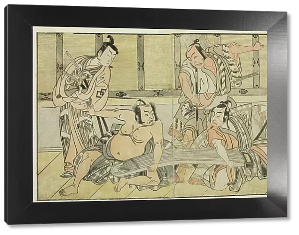 The Actors Ichikawa Yaozo II as Kujaku no Saburo, Matsumoto Koshiro II as Hata no Daize... c. 1772. Creator: Shunsho