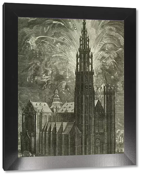 Firework around the Antwerp Cathedral, plate 41 from Casperius Gevartius, Pompa Introitus... 1642. Creator: Unknown
