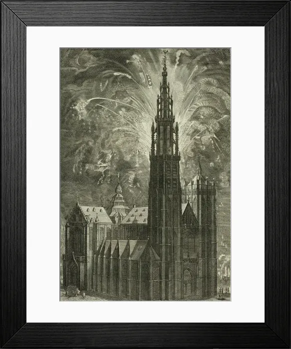 Framed Print : Firework around the Antwerp Cathedral, plate 41 from Casperius Gevartius, Pompa Introitus... 1642. Creator: Unknown Framed Print : Firework around the Antwerp Cathedral, plate 41 from Casperius Gevartius, Pompa Introitus... 1642. Creator: Unknown