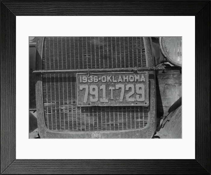 Framed Print : Radiator and license of Oklahoma cotton picker's car, San Joaquin Valley, California, 1936. Creator: Dorothea Lange Framed Print : Radiator and license of Oklahoma cotton picker's car, San Joaquin Valley, California, 1936. Creator: Dorothea Lange
