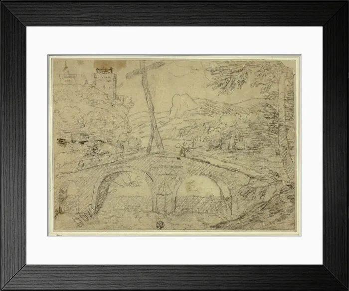 Framed Print : Landscape with Bridge (with Cross) over Gorge, with Mountains and Castle in Distance, n.d. Creator: Unknown Framed Print : Landscape with Bridge (with Cross) over Gorge, with Mountains and Castle in Distance, n.d. Creator: Unknown