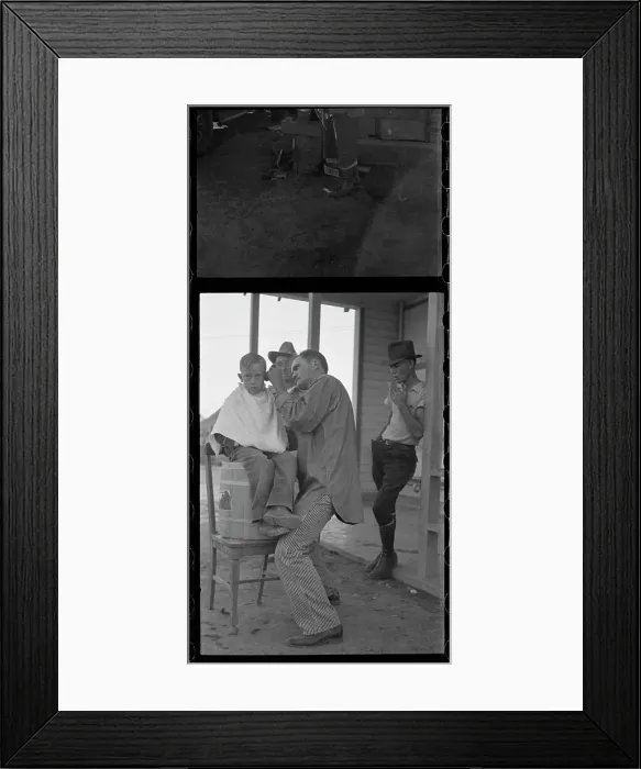 Framed Print : Community barber shop in Kern County migrant camp, California, 1936. Creator: Dorothea Lange Framed Print : Community barber shop in Kern County migrant camp, California, 1936. Creator: Dorothea Lange