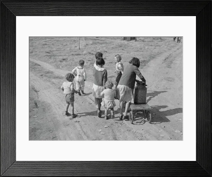 Framed Print : Children of migratory workers, hauling water, American River camp, San Joaquin Valley, CA, 1936. Creator: Dorothea Lange Framed Print : Children of migratory workers, hauling water, American River camp, San Joaquin Valley, CA, 1936. Creator: Dorothea Lange