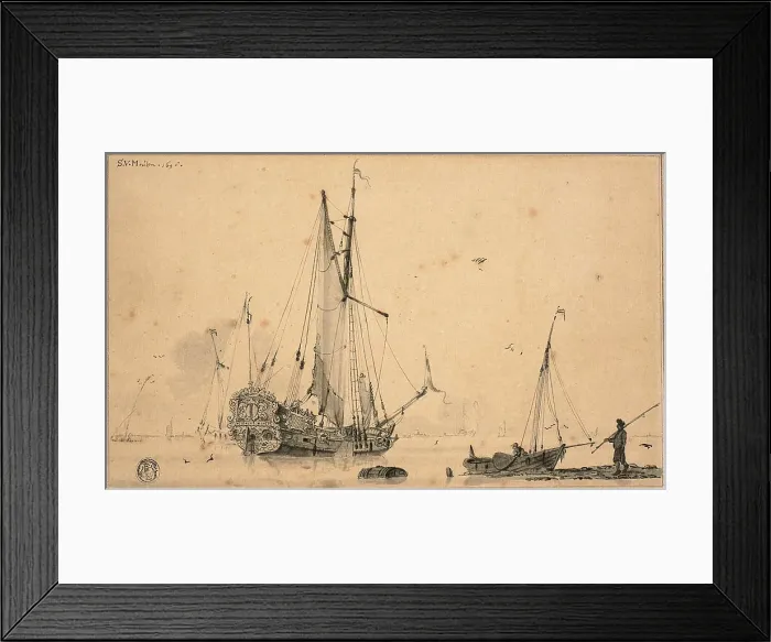 Framed Print : Harbor Scene with Ships and Fisherman, 1698. Creator: Sieuwert van der Meulen Framed Print : Harbor Scene with Ships and Fisherman, 1698. Creator: Sieuwert van der Meulen