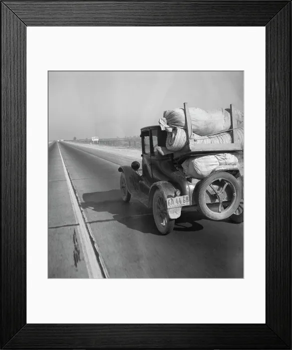 Framed Print : Drought refugee's car on U.S. Highway 99 between Bakersfield and Famoso, California, 1936. Creator: Dorothea Lange Framed Print : Drought refugee's car on U.S. Highway 99 between Bakersfield and Famoso, California, 1936. Creator: Dorothea Lange