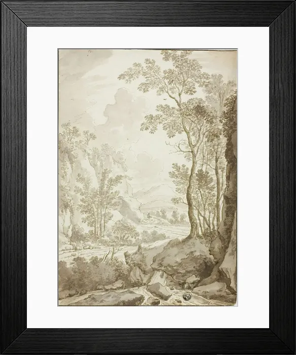 Framed Print : Landscape of Road through Trees and Hills; Figure on Donkey in Distance, 1638 / 1710. Creators: Unknown, Jan Hackaert Framed Print : Landscape of Road through Trees and Hills; Figure on Donkey in Distance, 1638 / 1710. Creators: Unknown, Jan Hackaert
