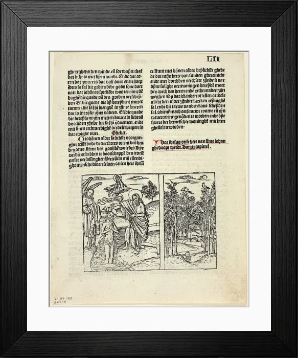 Framed Print : The Baptism of Christ and Forest Scene from Leven Christi (Life of Christ), Plate 43...1929. Creators: Unknown, Pieter van Os, Ludolph of Saxony, Wilhelm Ludwig Schreiber Framed Print : The Baptism of Christ and Forest Scene from Leven Christi (Life of Christ), Plate 43...1929. Creators: Unknown, Pieter van Os, Ludolph of Saxony, Wilhelm Ludwig Schreiber