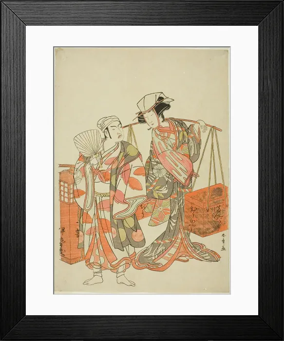 Framed Print : The Actors Ichimura Uzaemon IX as a Male Fox Disguised as the Sake Seller Iseya (left)... c. 1777. Creator: Shunsho Framed Print : The Actors Ichimura Uzaemon IX as a Male Fox Disguised as the Sake Seller Iseya (left)... c. 1777. Creator: Shunsho