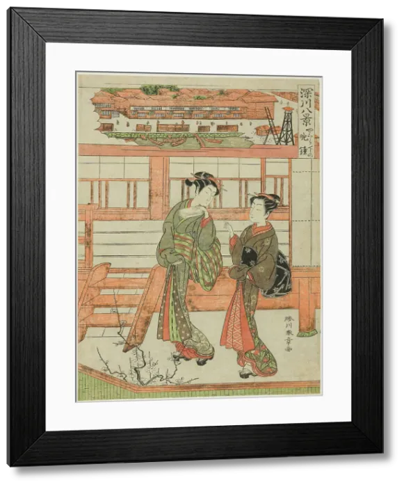 Framed Print : Yagurashita no Bansho (Evening Bell at Yagurashita), Courtesan and Her Attendant at the... c. 1771. Creator: Shunsho Framed Print : Yagurashita no Bansho (Evening Bell at Yagurashita), Courtesan and Her Attendant at the... c. 1771. Creator: Shunsho