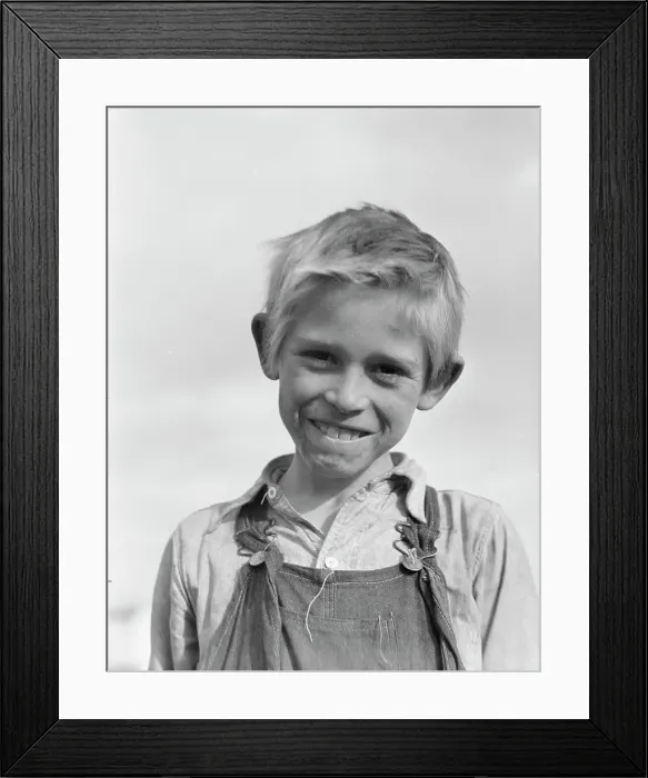 Framed Print : Son of cotton picker living in squatters camp near Farmersville, California, 1936. Creator: Dorothea Lange Framed Print : Son of cotton picker living in squatters camp near Farmersville, California, 1936. Creator: Dorothea Lange