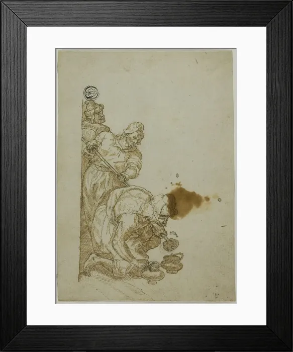 Framed Print : Three Men, One Bending Over Vessels, n.d. Creator: Unknown Framed Print : Three Men, One Bending Over Vessels, n.d. Creator: Unknown