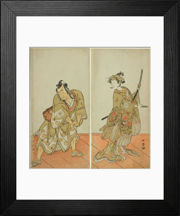 Framed Print : The Actors Segawa Kikunojo III as Aigo no Waka (right), and Ichikawa Yaozo II as Hachio... c. 1774. Creator: Shunsho Framed Print : The Actors Segawa Kikunojo III as Aigo no Waka (right), and Ichikawa Yaozo II as Hachio... c. 1774. Creator: Shunsho