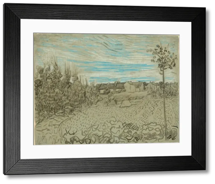 Framed Print : Cottages with a Woman Working in the Middle Ground, 1890. Creator: Vincent van Gogh Framed Print : Cottages with a Woman Working in the Middle Ground, 1890. Creator: Vincent van Gogh