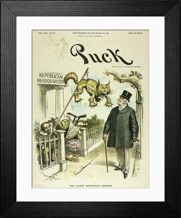 Framed Print : The Latest Republican Bugaboo, from Puck, published November 2, 1892. Creator: William Allen Rogers Framed Print : The Latest Republican Bugaboo, from Puck, published November 2, 1892. Creator: William Allen Rogers
