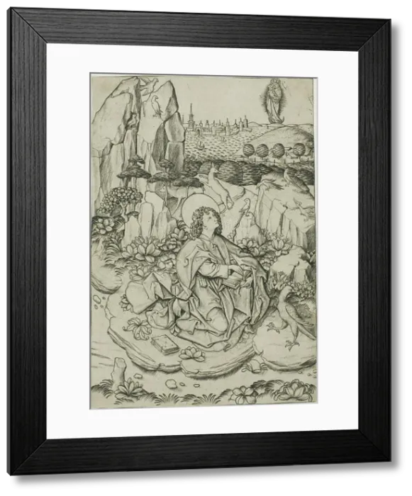Framed Print : Saint John on the Island of Patmos, c. 1460. Creator: Master ES Framed Print : Saint John on the Island of Patmos, c. 1460. Creator: Master ES