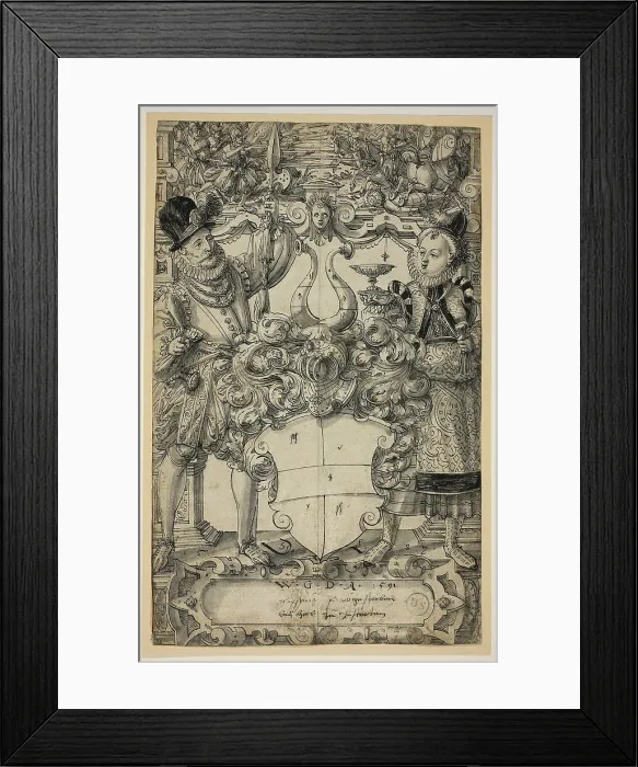 Framed Print : The Arms of Habsberg Flanked by an Elegant Couple, 1587. Creator: Daniel Lindtmayer Framed Print : The Arms of Habsberg Flanked by an Elegant Couple, 1587. Creator: Daniel Lindtmayer